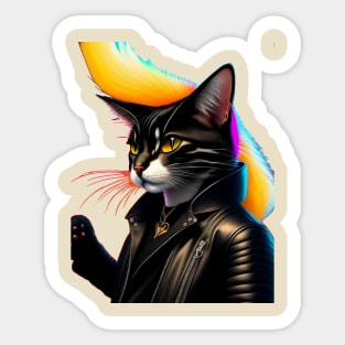 A cat wearing a leather jacket and a black jacket with a yellow tail. Sticker